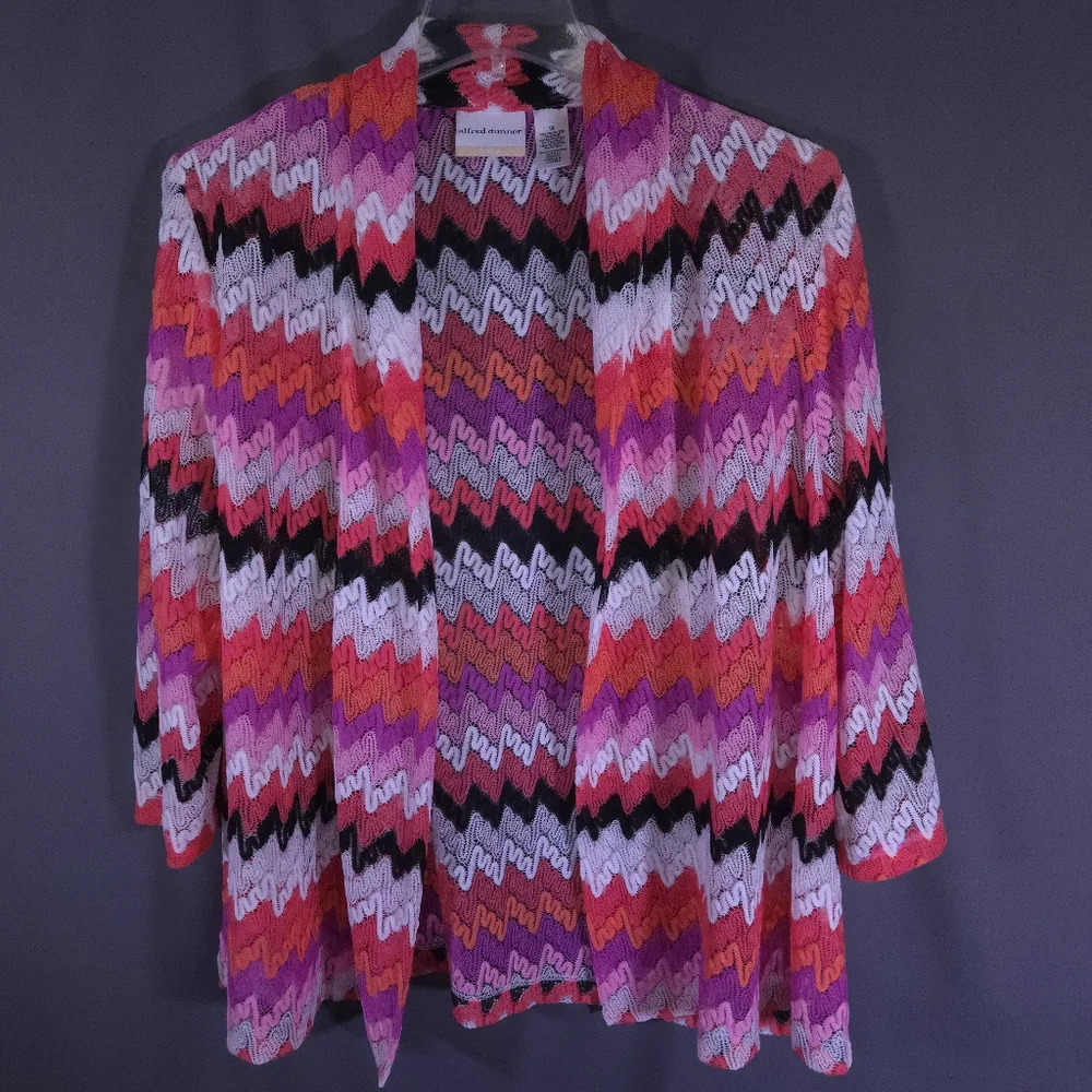 Alfred Dunner Open‎ Front Cardigan Loose Knit Crochet 3/4 Sleeve Size 1X Boho